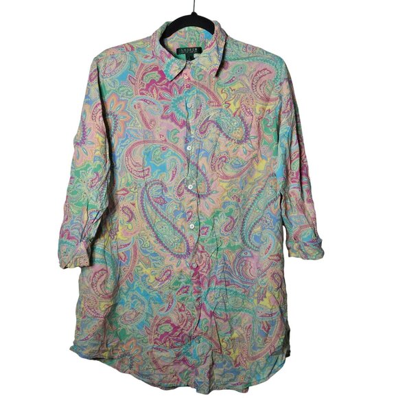 Lauren Ralph Lauren Multicolor Paisley Cuffed Sleeve Button Up Shirt Medium - Picture 1 of 10